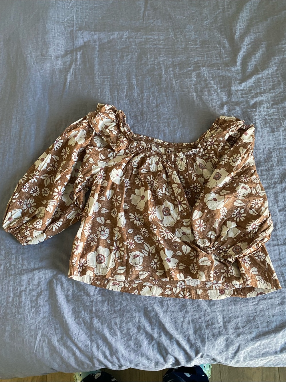Free People Brown Floral Smocked-Neck Peasant Blouse